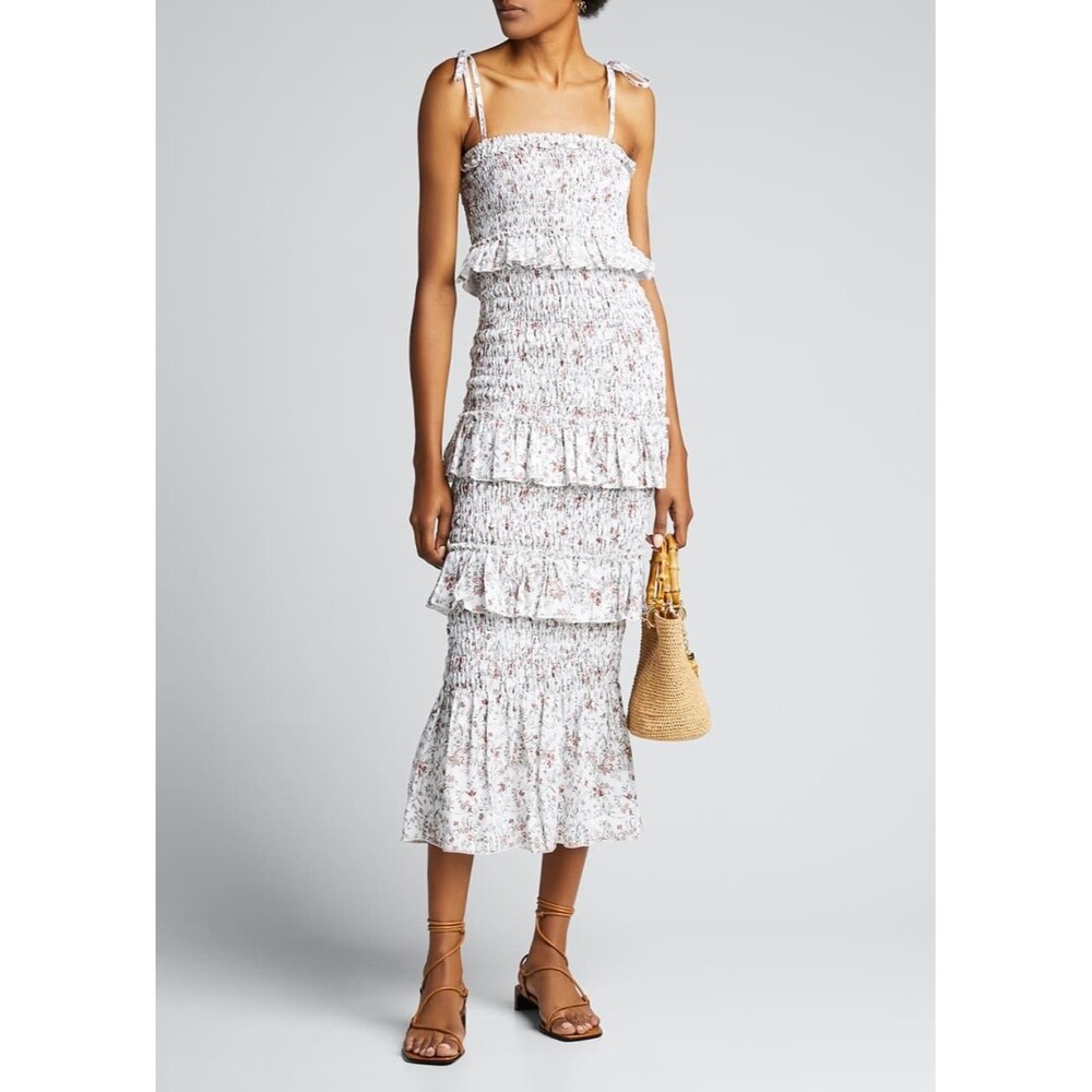 Sir. Haisley Dress Size S Floral Ruched Midi Smocked Ruffle White Linen Coastal